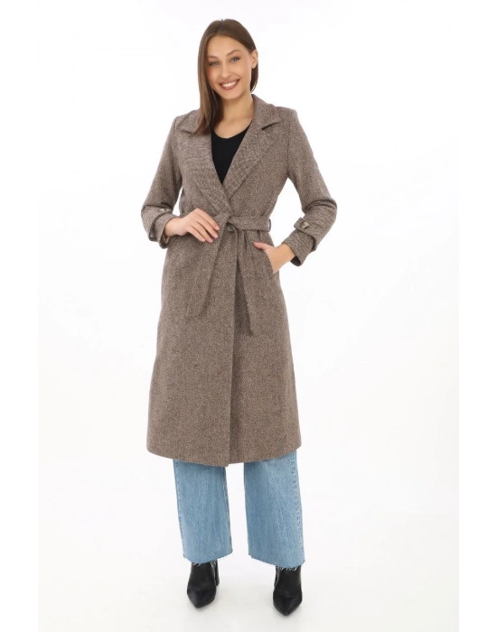 Kadın Astarlı Balık Sırtı Kaşmir Kaşe Kaban - Vizon