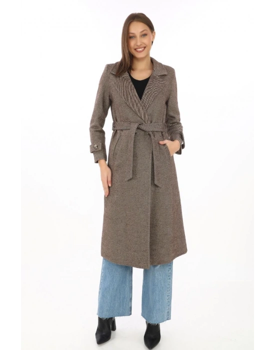 Kadın Astarlı Balık Sırtı Kaşmir Kaşe Kaban - Vizon