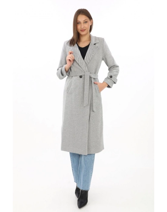 Kadın Balık Sırtı Kaşe Kaban Uzun Boy Kruvaze Yaka Kuşaklı Astarlı Tesettür Kaban - Gri