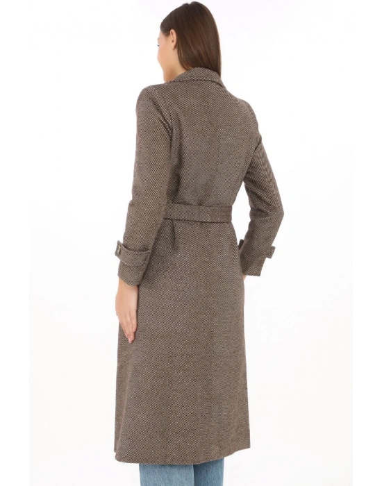 Kadın Balık Sırtı Kaşe Kaban Uzun Boy Kruvaze Yaka Kuşaklı Astarlı Tesettür Kaban - Vizon