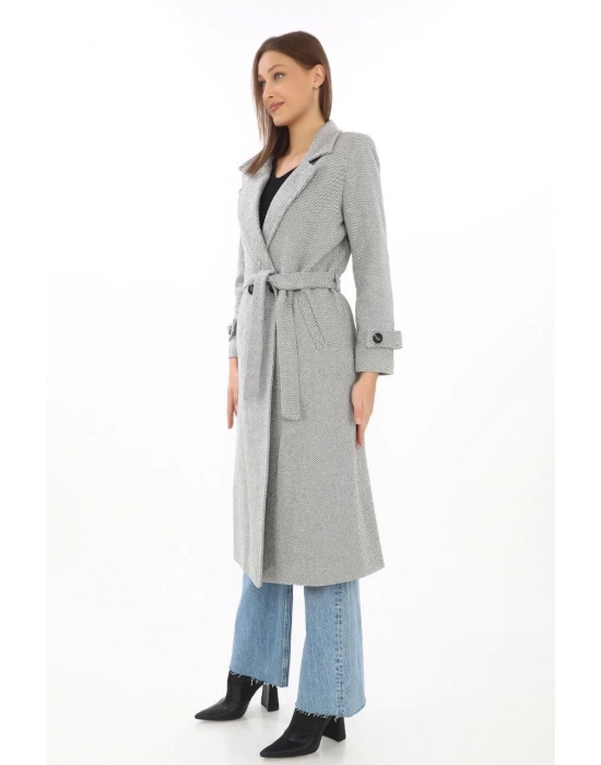 Kadın Balık Sırtı Kaşe Kaban Uzun Boy Kruvaze Yaka Kuşaklı Astarlı Tesettür Kaban - Gri