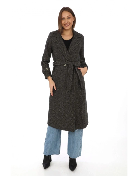 Kadın Balık Sırtı Kaşe Kaban Uzun Boy Kruvaze Yaka Kuşaklı Astarlı Tesettür - Kahverengi