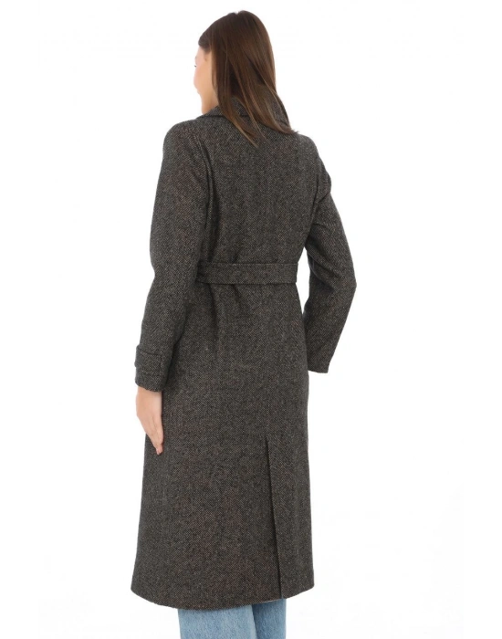 Kadın Balık Sırtı Kaşe Kaban Uzun Boy Kruvaze Yaka Kuşaklı Astarlı Tesettür - Kahverengi