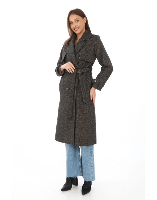 Kadın Balık Sırtı Kaşmir Uzun Kaşe Kaban - Kahverengi