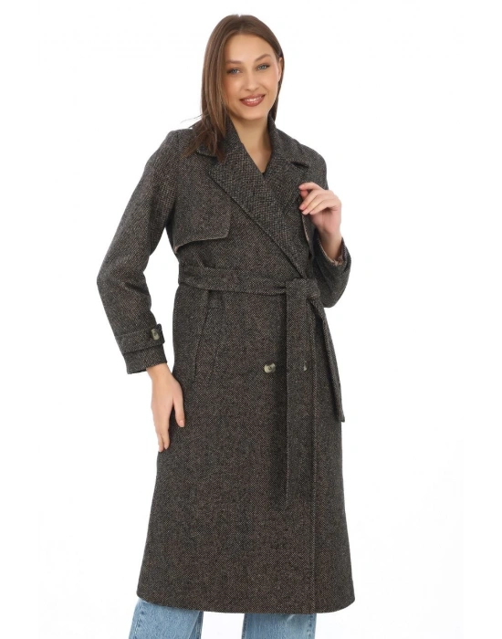 Kadın Balık Sırtı Kaşmir Uzun Kaşe Kaban - Kahverengi