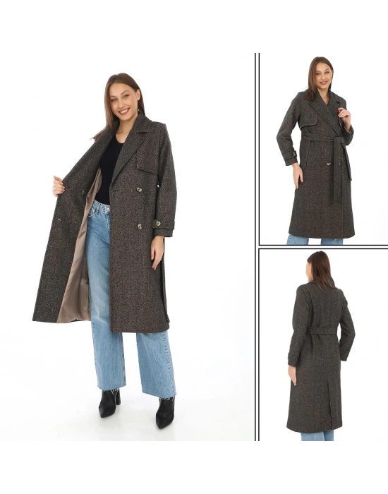 Kadın Balık Sırtı Kaşmir Uzun Kaşe Kaban - Kahverengi