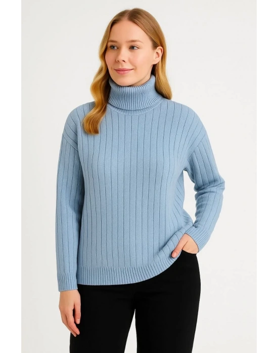 Kadın Balıkcı Yaka Bağazlı Triko Kazak Pamuklu Kalın Fitilli Dokuma - Bebek Mavisi