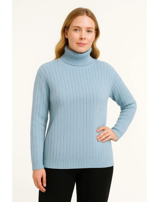 Kadın Balıkcı Yaka Bağazlı Triko Kazak Pamuklu Kalın Fitilli Dokuma - Bebek Mavisi