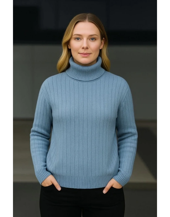 Kadın Balıkcı Yaka Bağazlı Triko Kazak Pamuklu Kalın Fitilli Dokuma - Bebek Mavisi