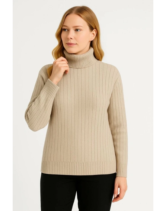 Kadın Balıkcı Yaka Bağazlı Triko Kazak Pamuklu Kalın Fitilli Dokuma - Bej