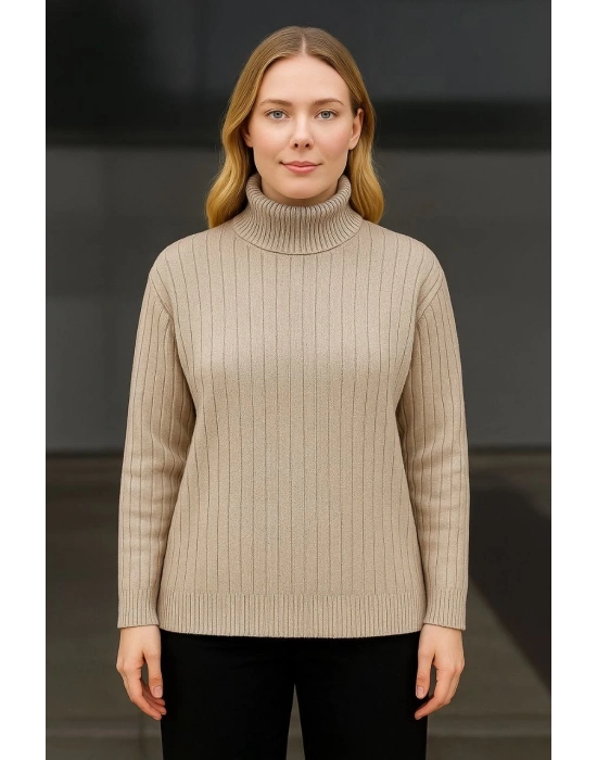 Kadın Balıkcı Yaka Bağazlı Triko Kazak Pamuklu Kalın Fitilli Dokuma - Bej