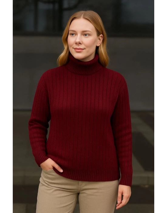 Kadın Balıkcı Yaka Bağazlı Triko Kazak Pamuklu Kalın Fitilli Dokuma - Bordo