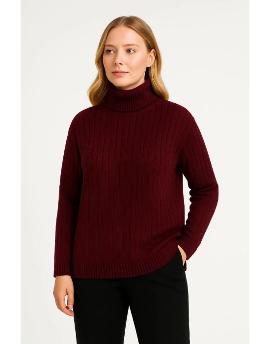Kadın Balıkcı Yaka Bağazlı Triko Kazak Pamuklu Kalın Fitilli Dokuma - Bordo