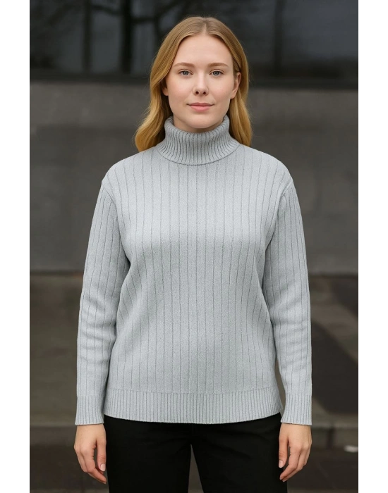 Kadın Balıkcı Yaka Bağazlı Triko Kazak Pamuklu Kalın Fitilli Dokuma - Gri