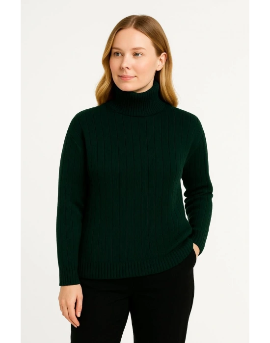 Kadın Balıkcı Yaka Bağazlı Triko Kazak Pamuklu Kalın Fitilli Dokuma - Haki