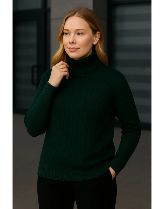 Kadın Balıkcı Yaka Bağazlı Triko Kazak Pamuklu Kalın Fitilli Dokuma - Haki