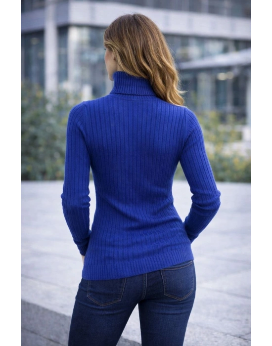 Kadın Balıkcı Yaka Bağazlı Triko Kazak Pamuklu Kalın Fitilli Dokuma - İndigo