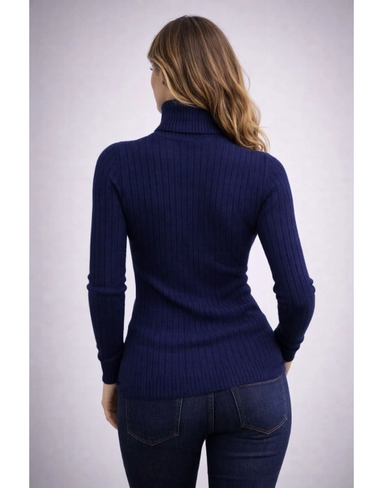 Kadın Balıkcı Yaka Bağazlı Triko Kazak Pamuklu Kalın Fitilli Dokuma - Lacivert