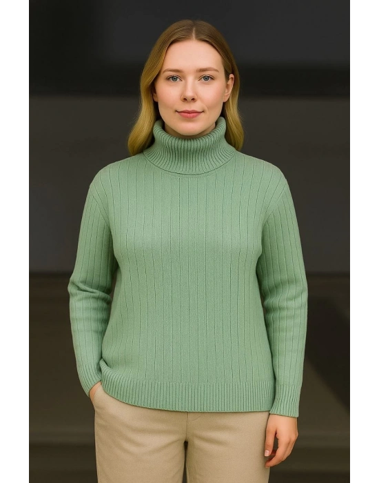 Kadın Balıkcı Yaka Bağazlı Triko Kazak Pamuklu Kalın Fitilli Dokuma - Mint Yeşili