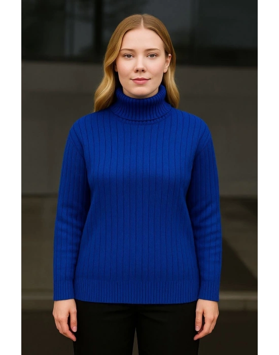 Kadın Balıkcı Yaka Bağazlı Triko Kazak Pamuklu Kalın Fitilli Dokuma - Saks Mavisi