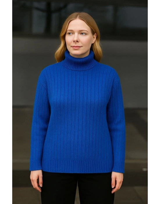 Kadın Balıkcı Yaka Bağazlı Triko Kazak Pamuklu Kalın Fitilli Dokuma - Saks Mavisi