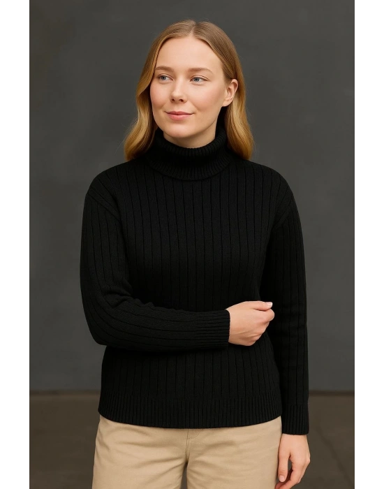 Kadın Balıkcı Yaka Bağazlı Triko Kazak Pamuklu Kalın Fitilli Dokuma - Siyah