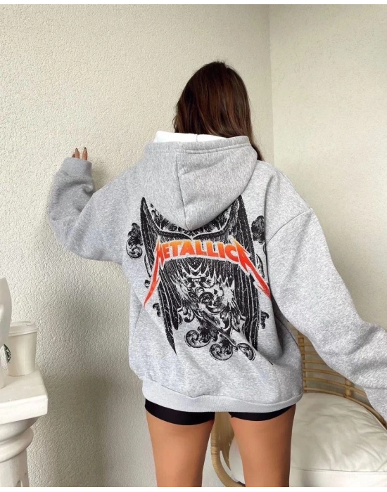 Kadın Baskılı Kapüşonlu Sweat - Gri