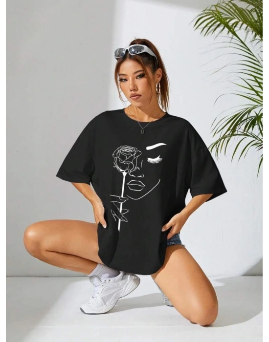 Kadın Baskılı Oversize T-shirt - Siyah