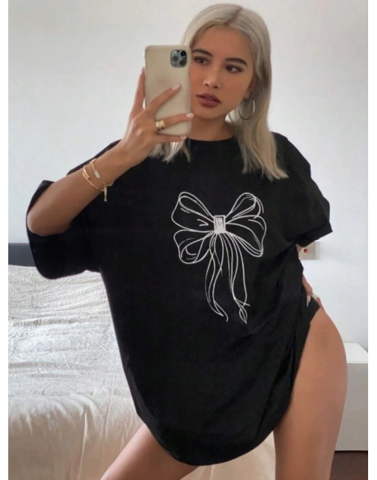 Kadın Baskılı Oversize T-shirt - Siyah