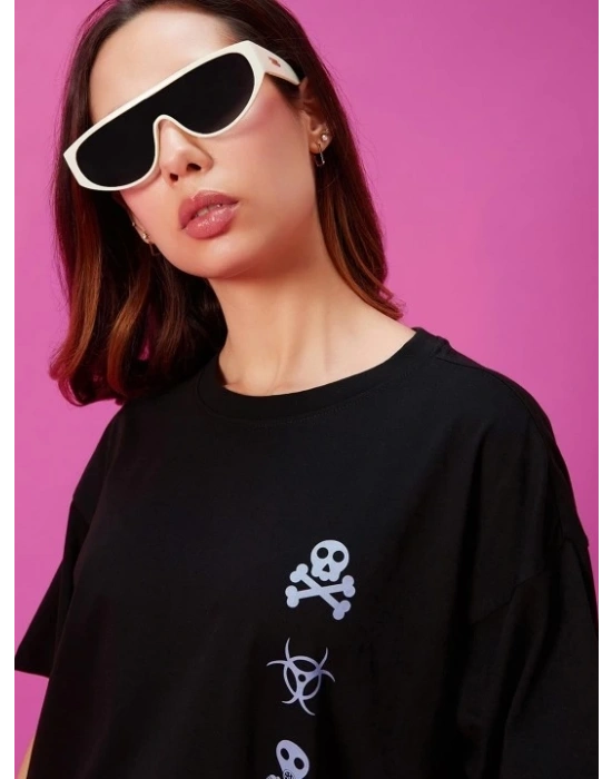 Kadın Baskılı Oversize T-shirt - Siyah