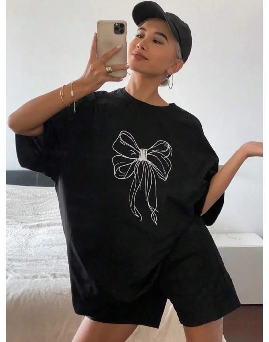 Kadın Baskılı Oversize T-shirt - Siyah