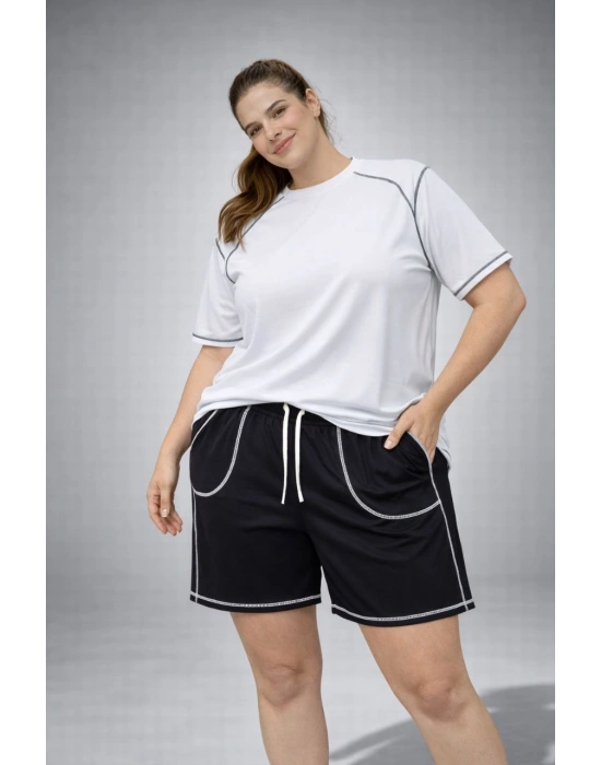Kadın Battal Beden Kısa Kollu Tişört Şort Takım Kontrast Dikiş Detaylı Günlük Ev Giyimi - Beyaz