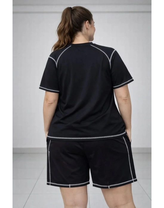Kadın Battal Beden Kısa Kollu Tişört Şort Takım Kontrast Dikiş Detaylı Günlük Ev Giyimi - Siyah