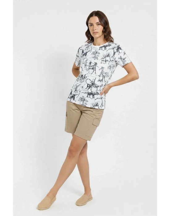 Kadın Beyaz Dinozor Desenli Tişört Regular Kalıp Bisiklet Yaka Dijital Baskılı - Beyaz