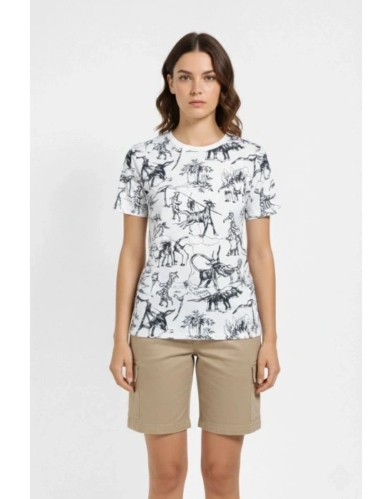 Kadın Beyaz Dinozor Desenli Tişört Regular Kalıp Bisiklet Yaka Dijital Baskılı - Beyaz