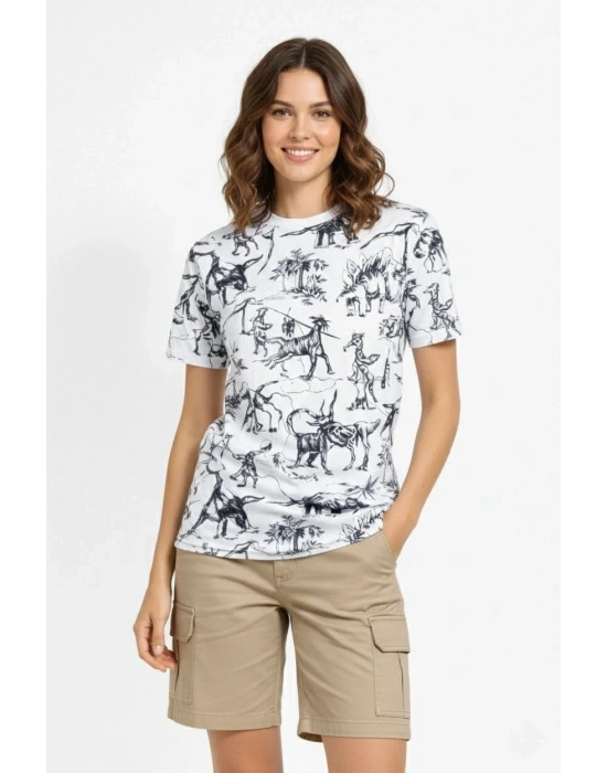 Kadın Beyaz Dinozor Desenli Tişört Regular Kalıp Bisiklet Yaka Dijital Baskılı - Beyaz