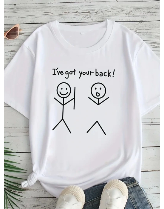 Kadın Beyaz Ive Got Your Back Grafik Tişört - Eğlenceli Çubuk Tasarımlı - Beyaz