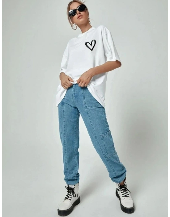 Kadın Bisiklet Yaka Baskılı Oversize T-Shirt - Beyaz