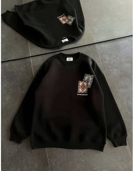 Kadın Bisiklet Yaka Baskılı SweatShirt - Siyah