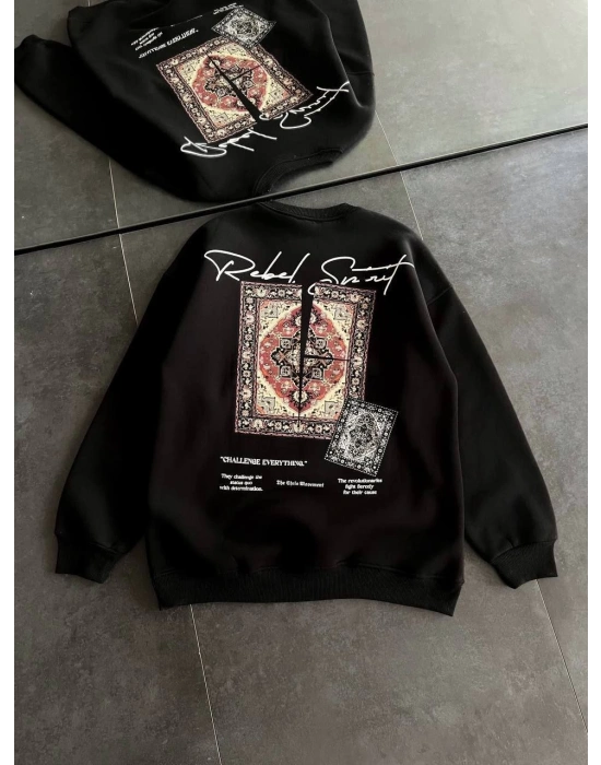 Kadın Bisiklet Yaka Baskılı SweatShirt - Siyah