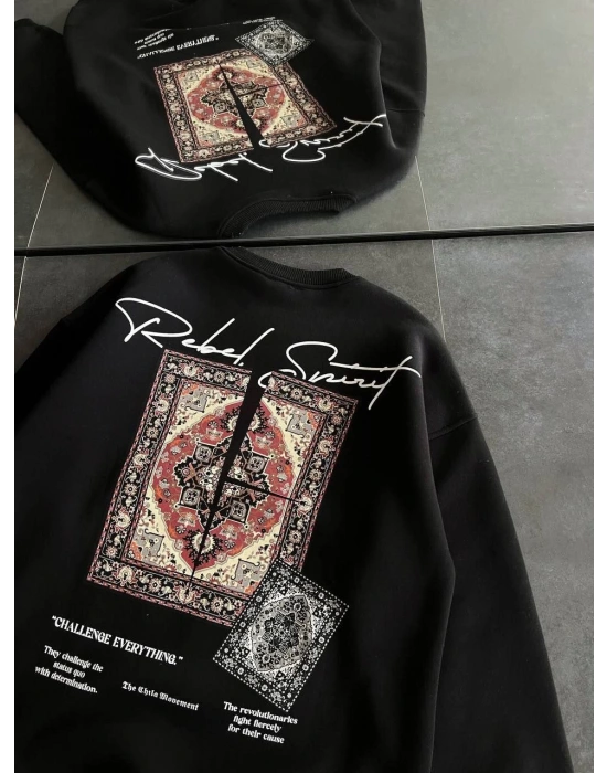 Kadın Bisiklet Yaka Baskılı SweatShirt - Siyah