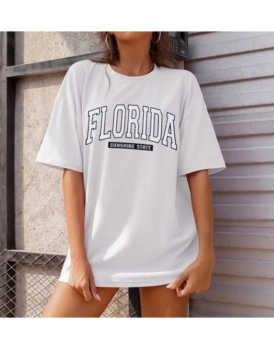 Kadın Bisiklet Yaka Baskılı T-shirt - Beyaz