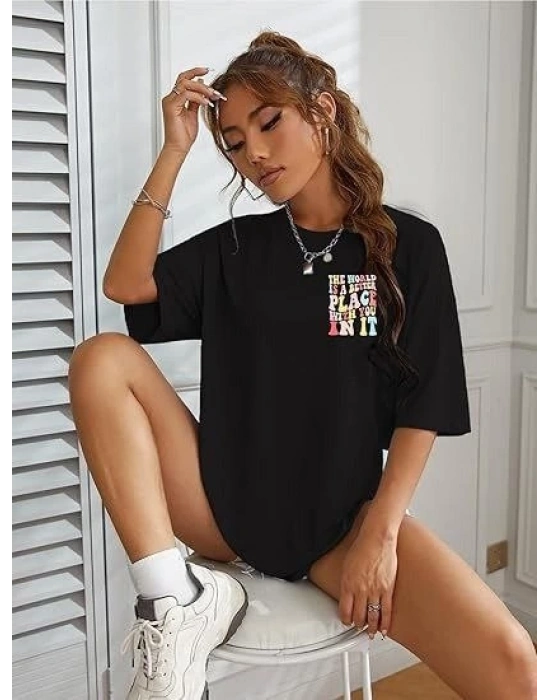 Kadın Bisiklet Yaka Baskılı T-shirt - Siyah