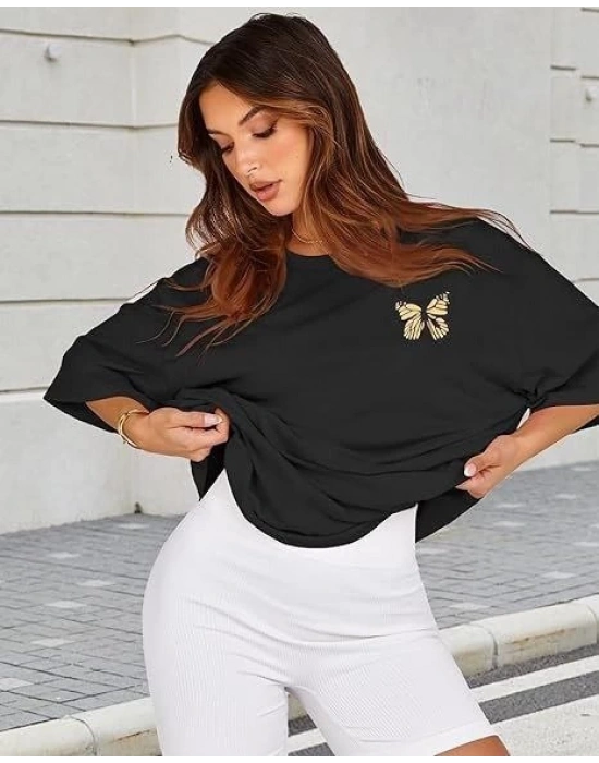 Kadın Bisiklet Yaka Baskılı T-shirt - Siyah