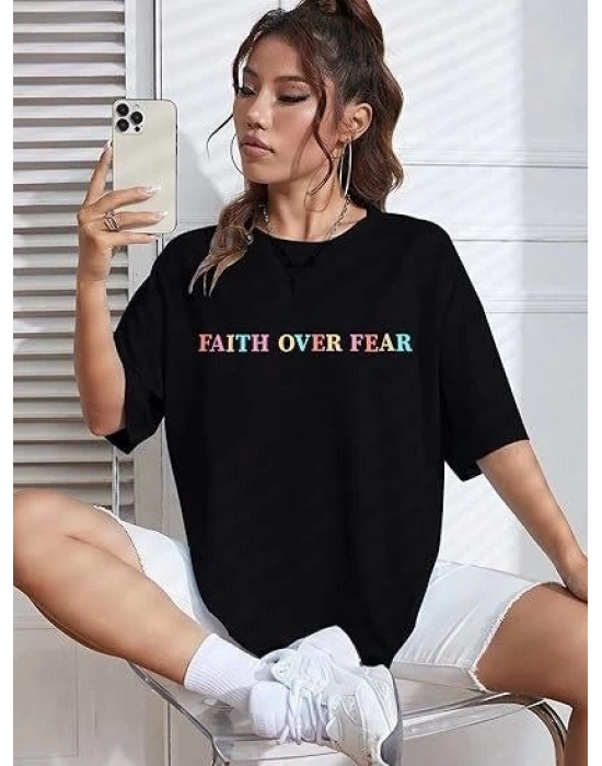 Kadın Bisiklet Yaka Baskılı T-shirt - Siyah