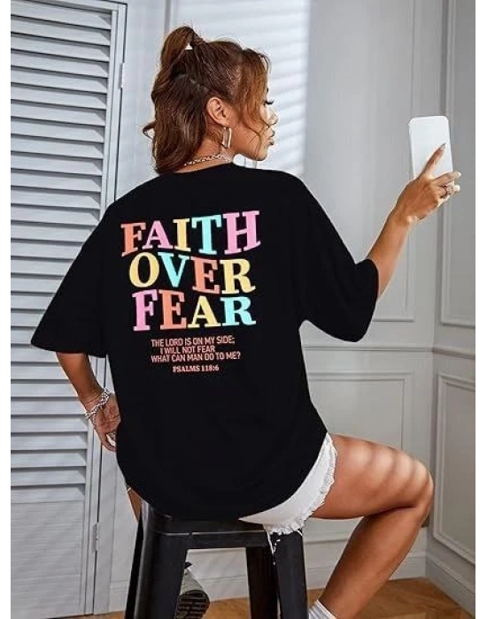 Kadın Bisiklet Yaka Baskılı T-shirt - Siyah