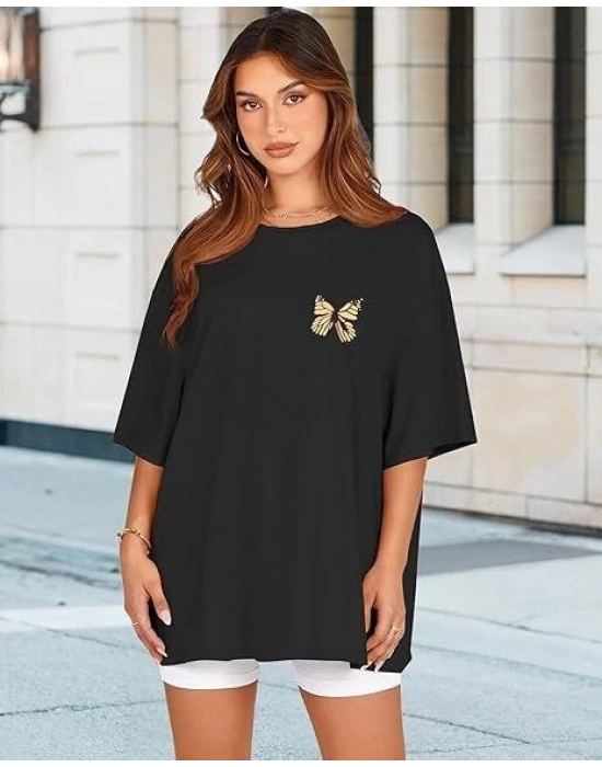 Kadın Bisiklet Yaka Baskılı T-shirt - Siyah