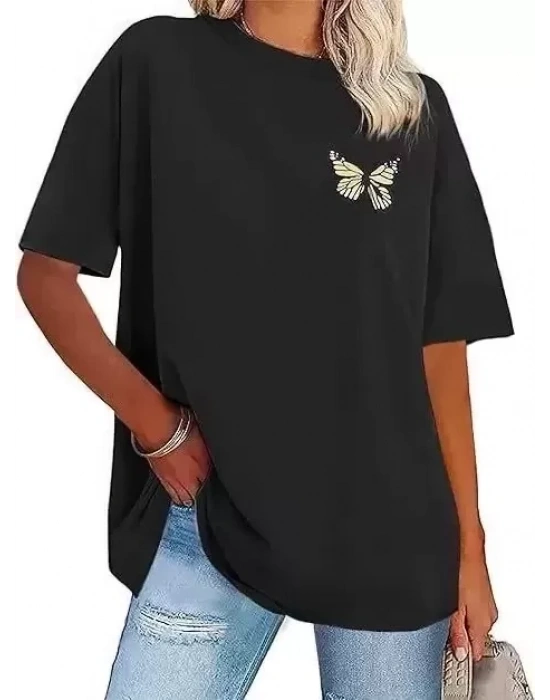 Kadın Bisiklet Yaka Baskılı T-shirt - Siyah