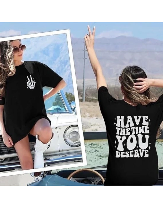 Kadın Bisiklet Yaka Kısa Kol Baskılı T-shirt - Siyah