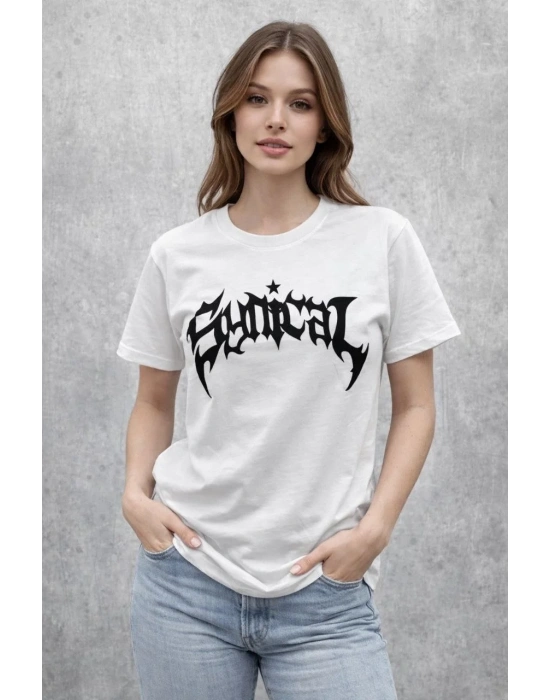 Kadın Bisiklet Yaka Ön Baskılı Kısa Kollu Tişört Streetwear Günlük Basic Pamuklu T-shirt - Beyaz